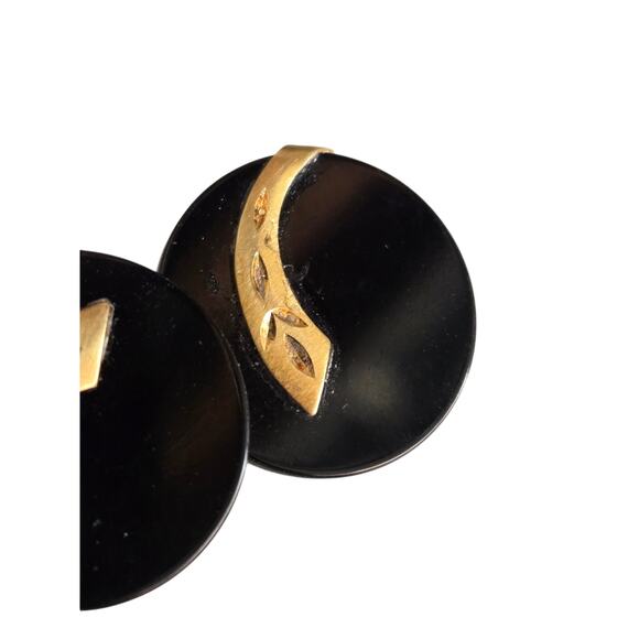 VTG 10K Yellow Gold Leaf Etched Black Resin Modernist Statement Stud Earrings - Picture 3 of 7